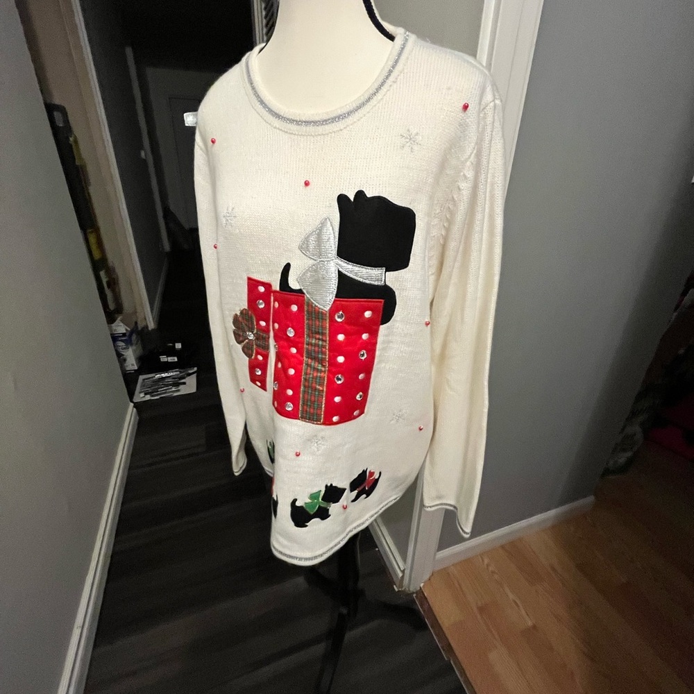 Charming dog Design Sweater - Cream with Red and Black Accents